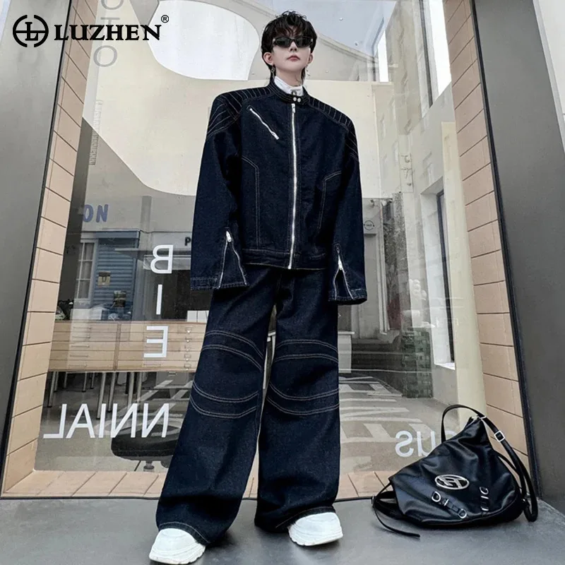 

LUZHEN Stand Up Collar Bright Line Burr Design Denim Jacket Set Trendy Loose Casual Men's Straight Jeans Two Piece 2024 LZ6547