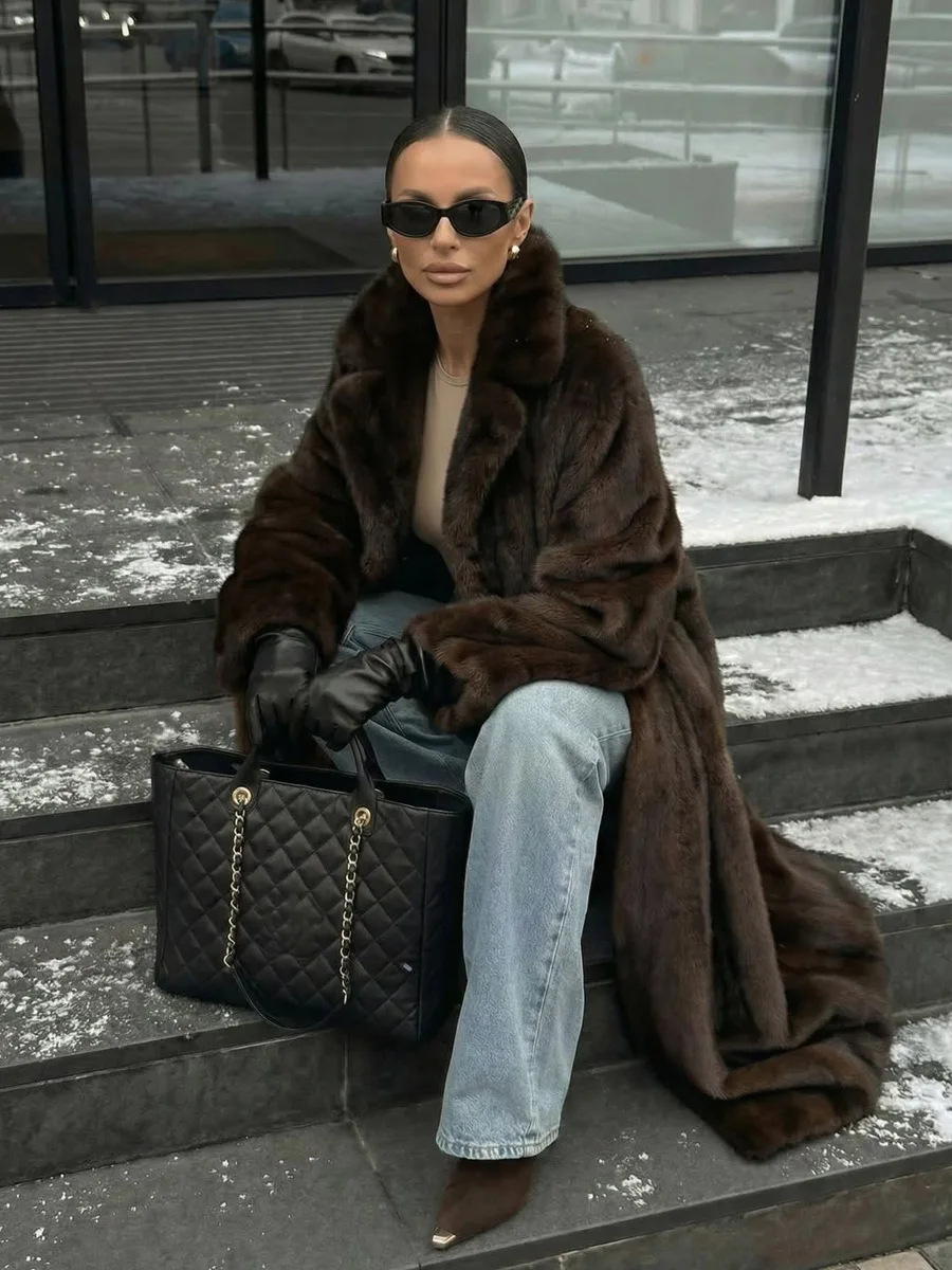 HDHOHR 2026 Winter Thick Warm Long Faux Mink Fur Coat Women With Luxury High Quality Elegant Chic Fluffy Brown Fur Jacket Girls