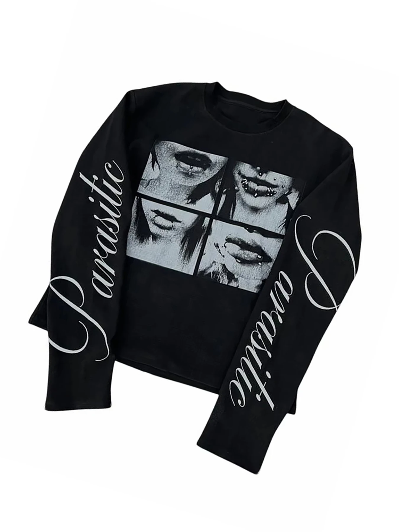 Autumn and Winter gothic Style Portrait Print Long-Sleeved T-Shirt with Y2K Letter Pattern, Loose Street Casual Top view 6