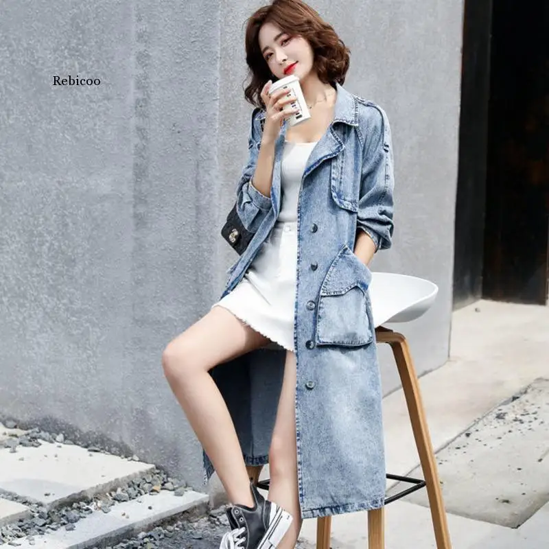 2021 Spring Autumn New Women Denim Trench Coat Female Was Thinner Mid-Length Over-The-Knee Windbreaker Casual Womens Jackets