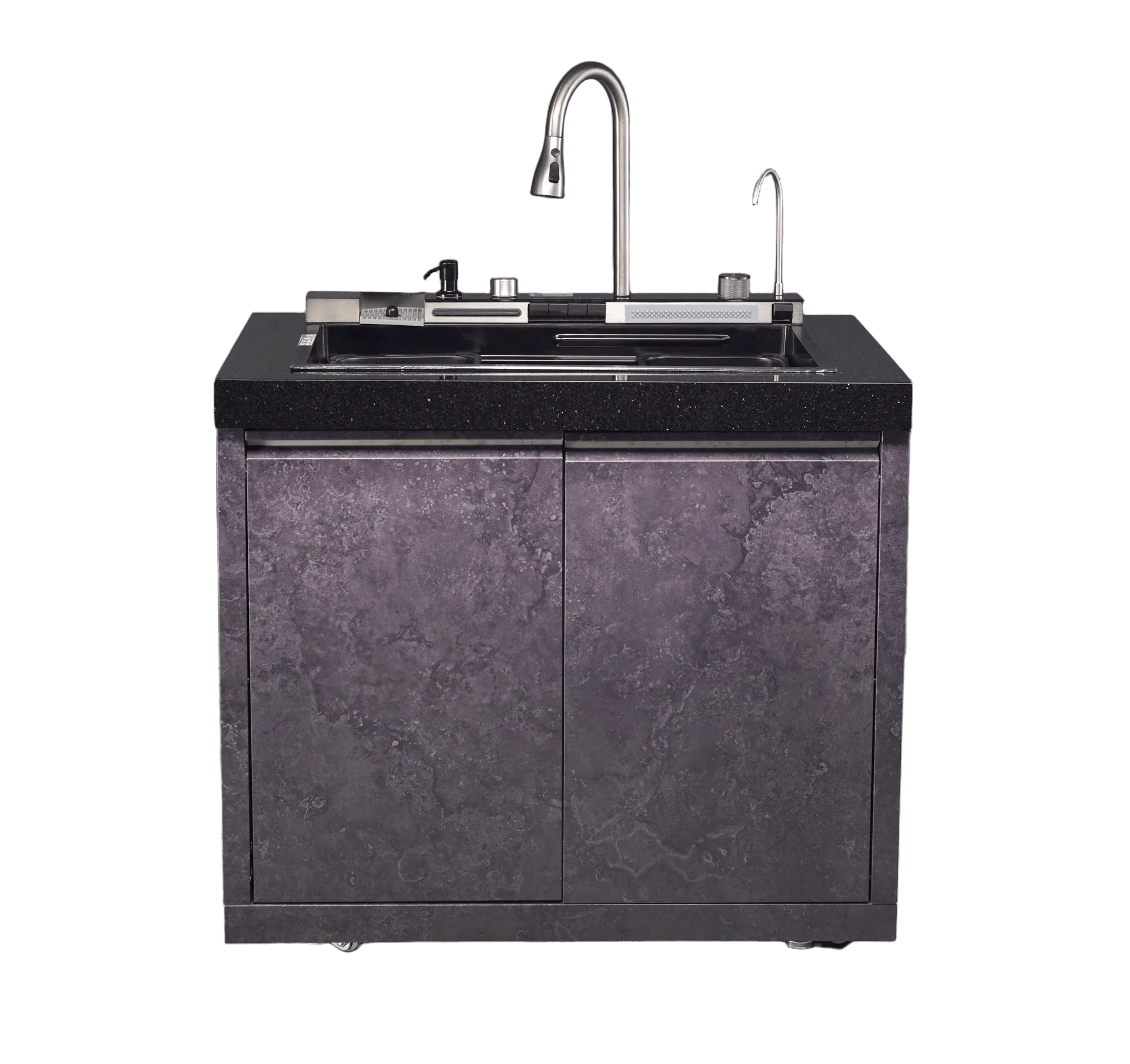 Black Marble Double Bowl Outdoor Kitchen Faucet with Custom Color 4-Wheeled Movable Design 304 Stainless Steel Modern Style