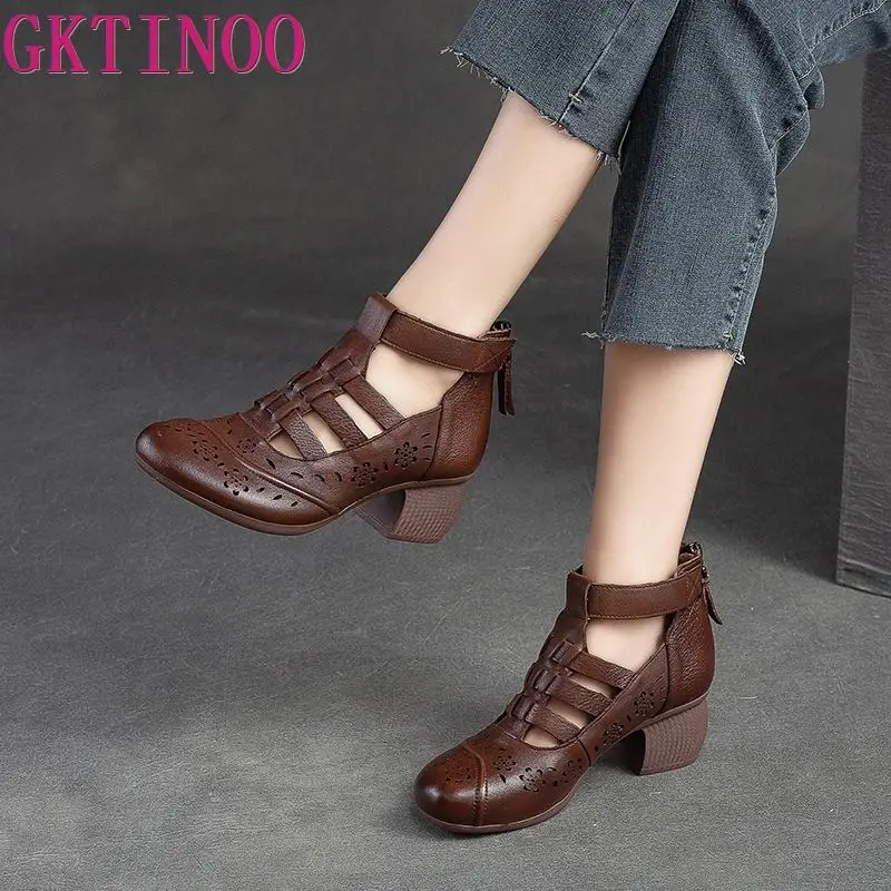 GKTINOO Women Pumps 2024 High Top Genuine Leather Women Thick High Heel Shoes Summer Hollow Out Breathable Gladiator Shoes 35-40