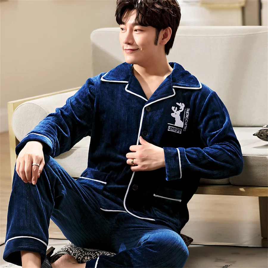 2025 New Autumn Winter Men's Warm Pajamas Set Coral Fleece Lapel Sleepwear Thick Warm Casual Home Wear Loose soft Loungewear