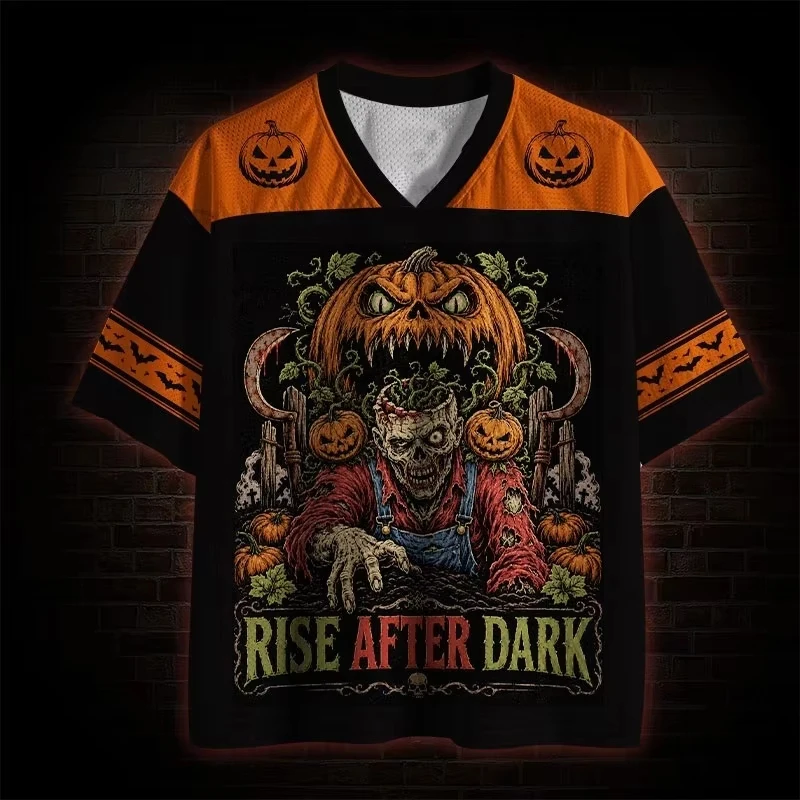 2026 New Black Zombie Pumpkin Sickle Front and Back Printed Halloween Mesh V-neck Street Jersey T-shirt for Adults and Children