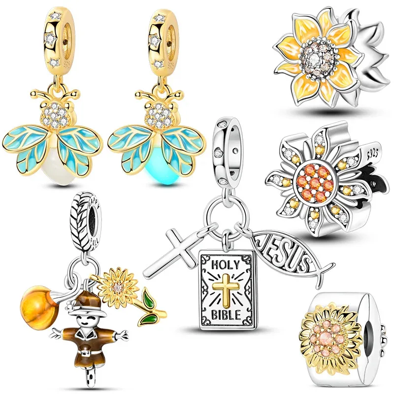 

Посеребренные светящиеся бусины-шармы в виде светлячков, подсолнухов и пугалок для женских браслетов, ювелирные украшения на годовщину, подарки