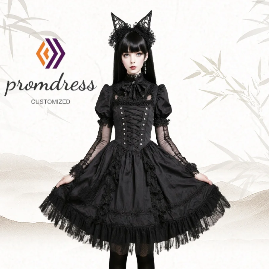 

Vintage Black Gothic Lolita Dress Corset Long Sleeve Costume Prom Dress 2025 Halloween Vampire Short Cocktail DressCustomized