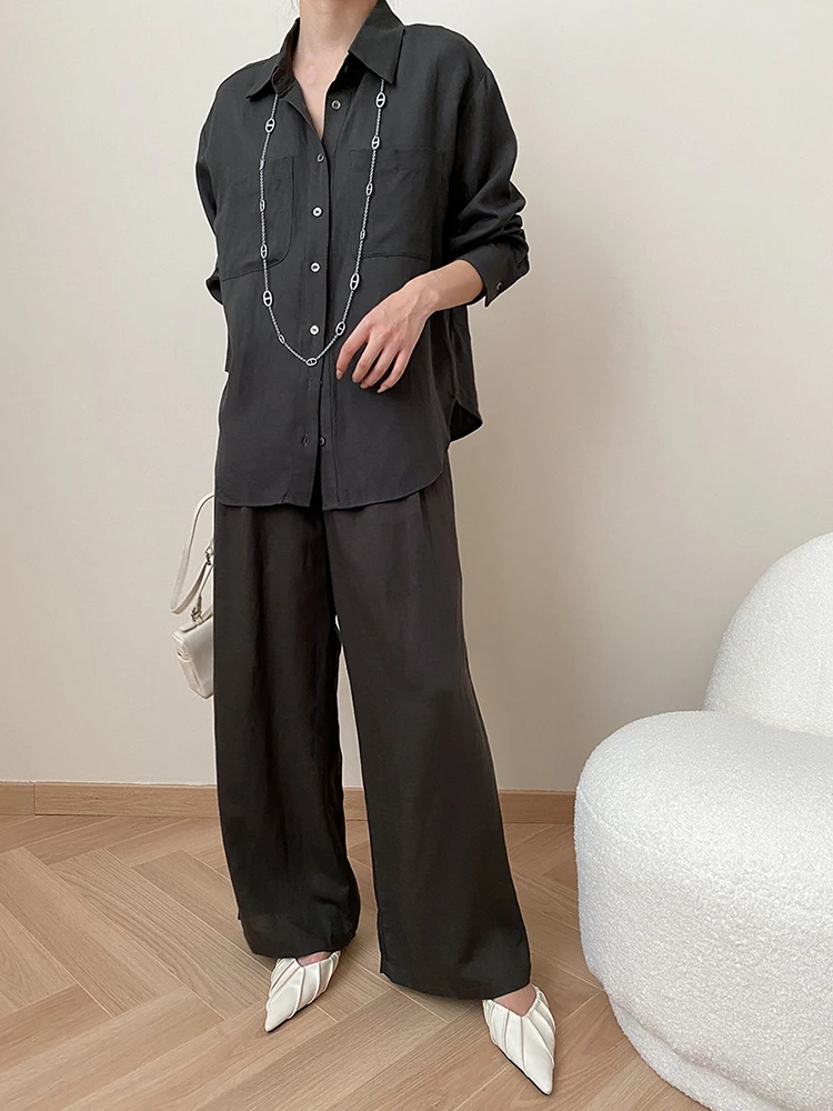 [EAM] Big Size Beige Elegant Shirt Wide Leg Pants Two Piece Suit New Lapel Long Sleeve Women Fashion Tide Spring Autumn 2024 00