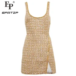 Women Tweed Vest Mini Dress New 2024 Camel Gold Autumn/Winter Small Fragrance Sweet Dresses