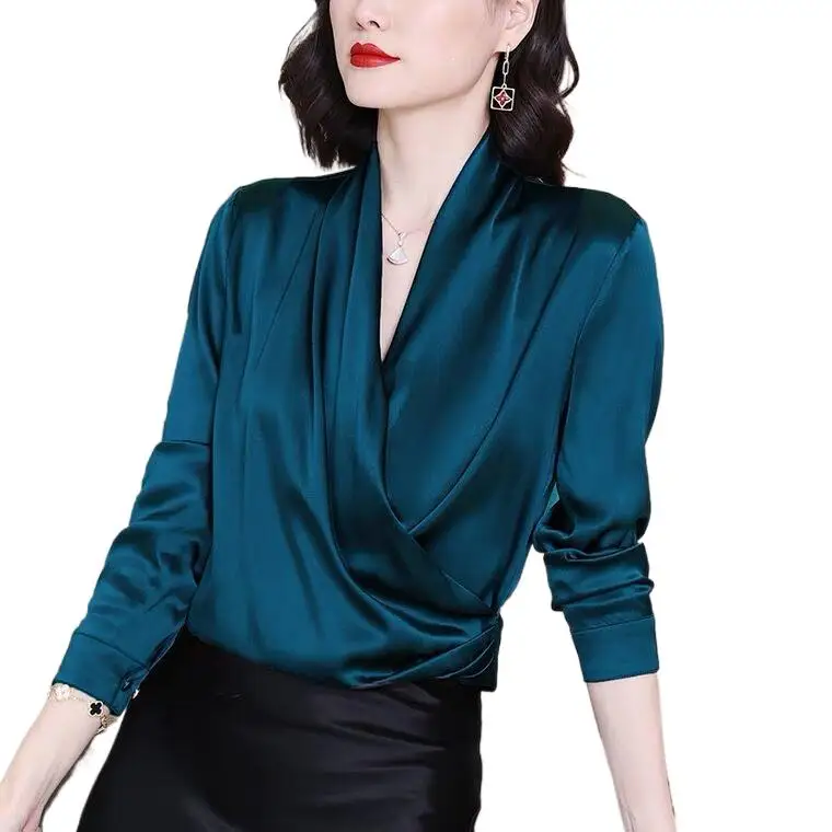 Biurowe damskie bluzki eleganckie satynowe damskie bluzki Sexy V neck Casual jednolity kolor, długi rękaw wiosna lato kobiece bluzki na imprezę
