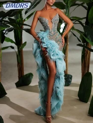 New Graceful Feathers Long Evening Dress Ruffles High Slit Prom Gown Shiny Beads Rhinestones Cocktail Dresses Robe De Mariée