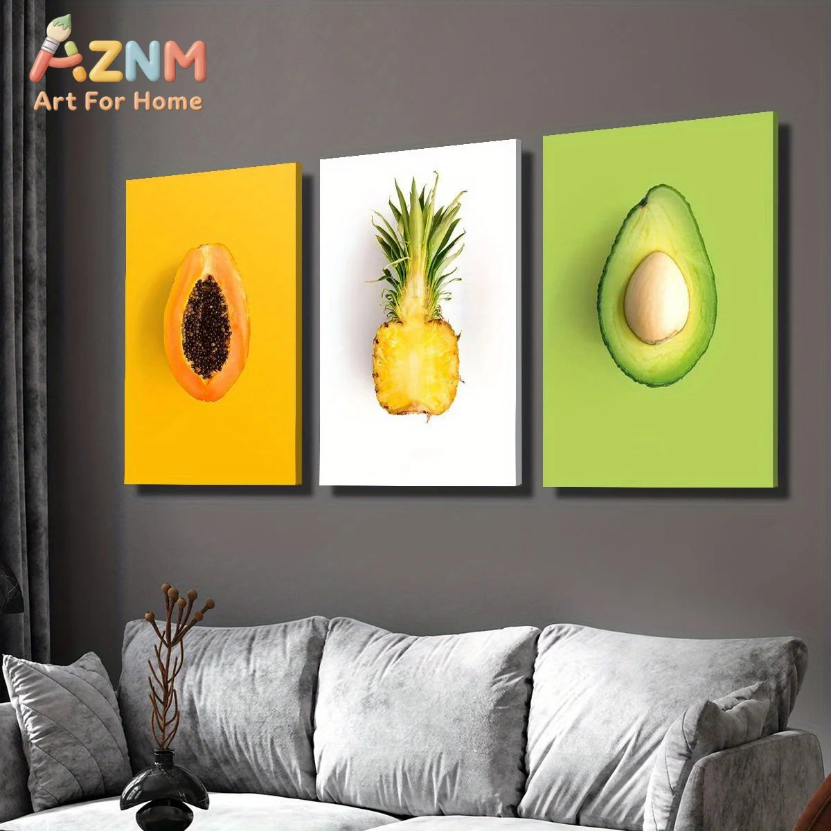AZNM Tropical Fruit Canvas Wall Art Papaya Pineapple Avocado Minimalist Bright Color Frameless Canvas Painting Kitchen Home Deco