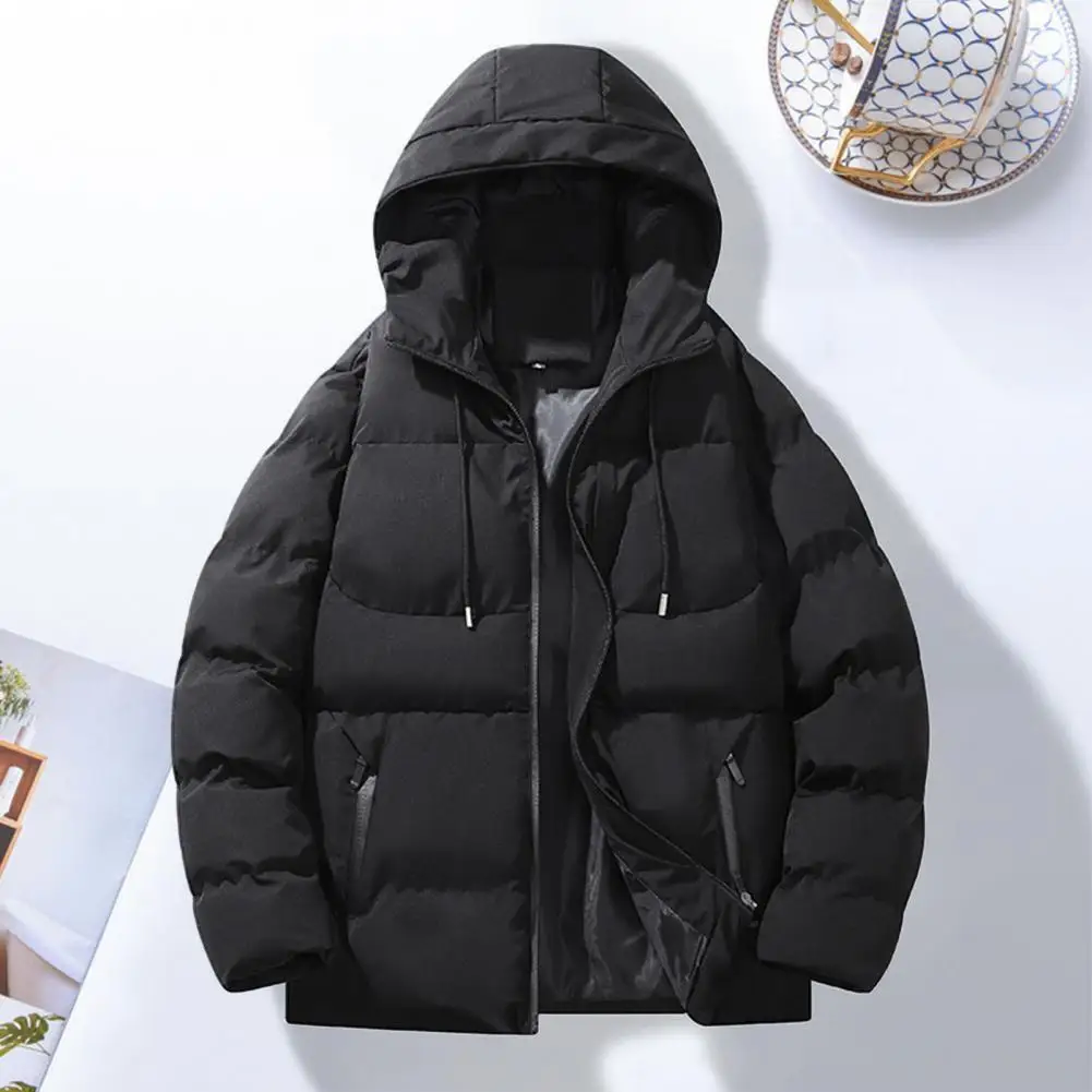 Solid Color Hooded Jacket Premium Winter Men's Cotton Coat Thickened Padded Zip Up with Zipper Pockets Warm Solid Color Long