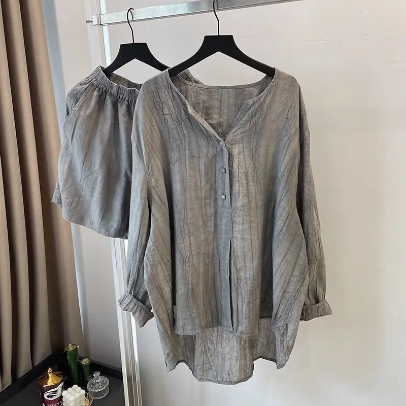 High end retro cotton linen shirt, women's loose design, summer gray shirt, elastic waist, short two-piece set