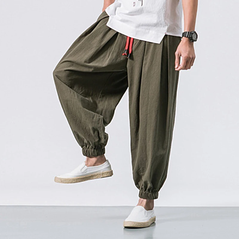 

1pcs Men's Fashion Cotton Linen Casual Solid Colored Loose Trousers Breathable Japanese Style Elastic Waist Harem Long Pants