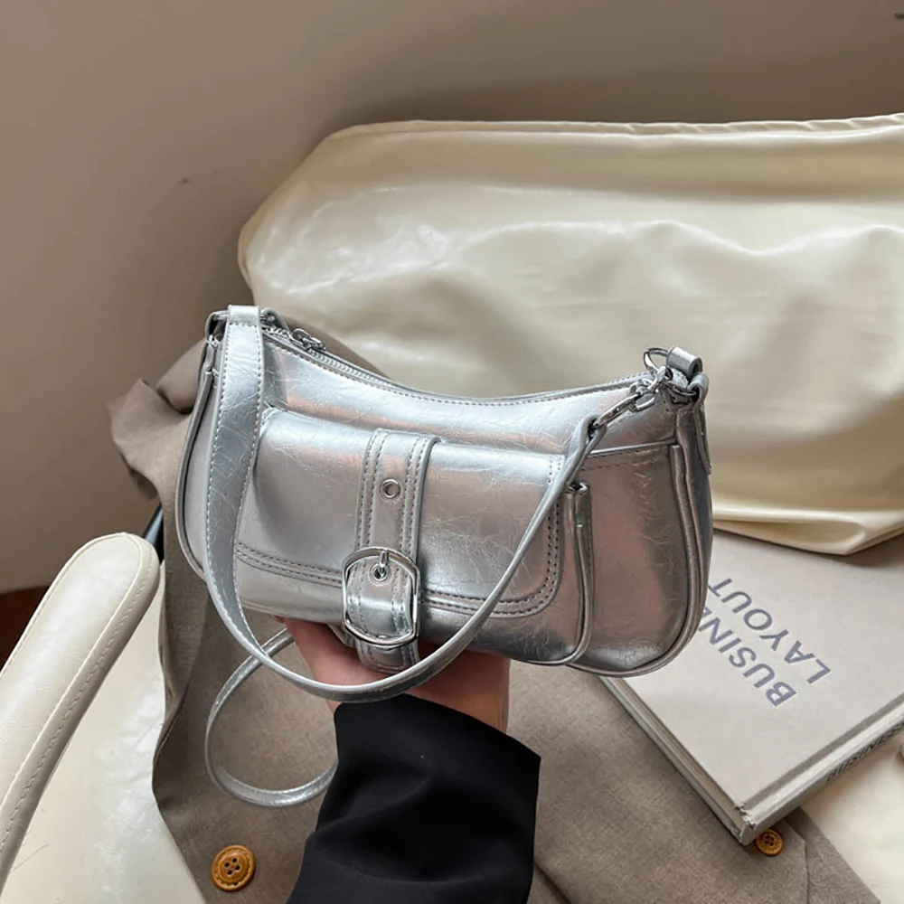 Women Spring New Glossy Pu One Shoulder Bag Korean Style Solid Zipper Crossbody Bags Burgundy Soft Versatile Underarm Packs
