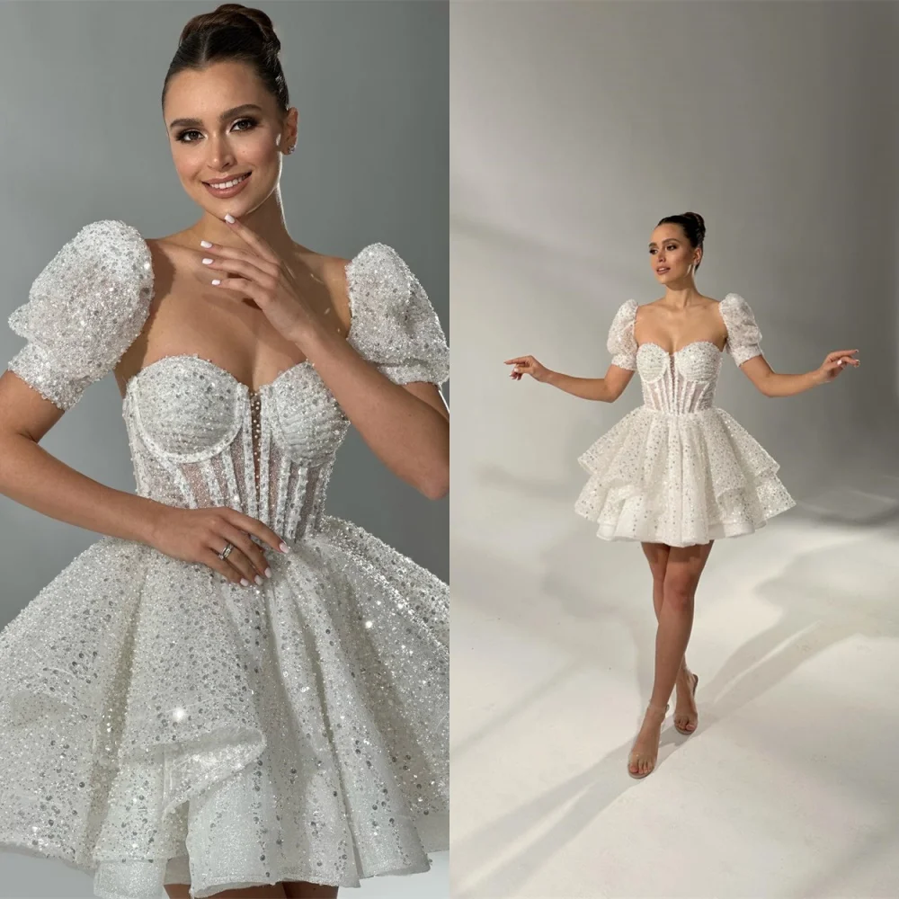 Vestido de novia elegante personalizado con lentejuelas de Organza blanca, exquisitos vestidos de novia de manga corta sin tirantes y manga desmontable