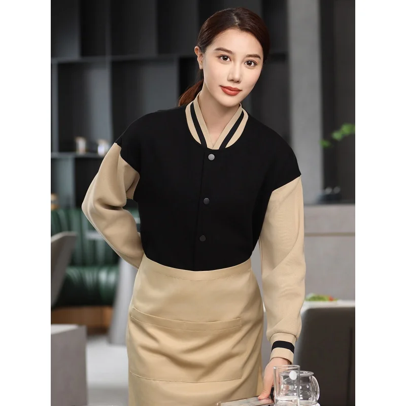 Sweater Overalls Catering Waiter Group Baseball Uniform Business Attire Autumn and Winter Hot Pot Restaurant Milk Tea Shop Fleec