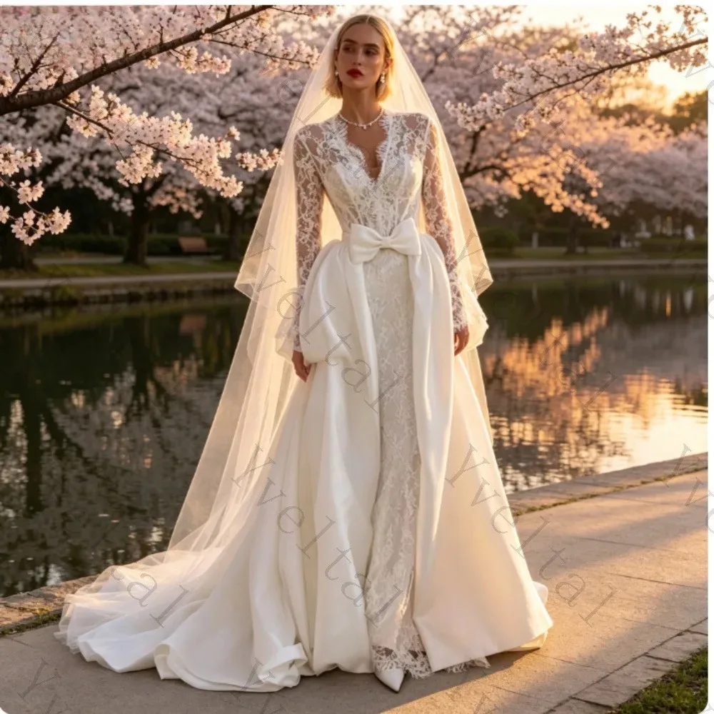 Customized Graceful Dignified Temperament LongSleeve Sheath Wedding Dresses Lace V Neck Bow Fascinating Fashion Bridal Gown