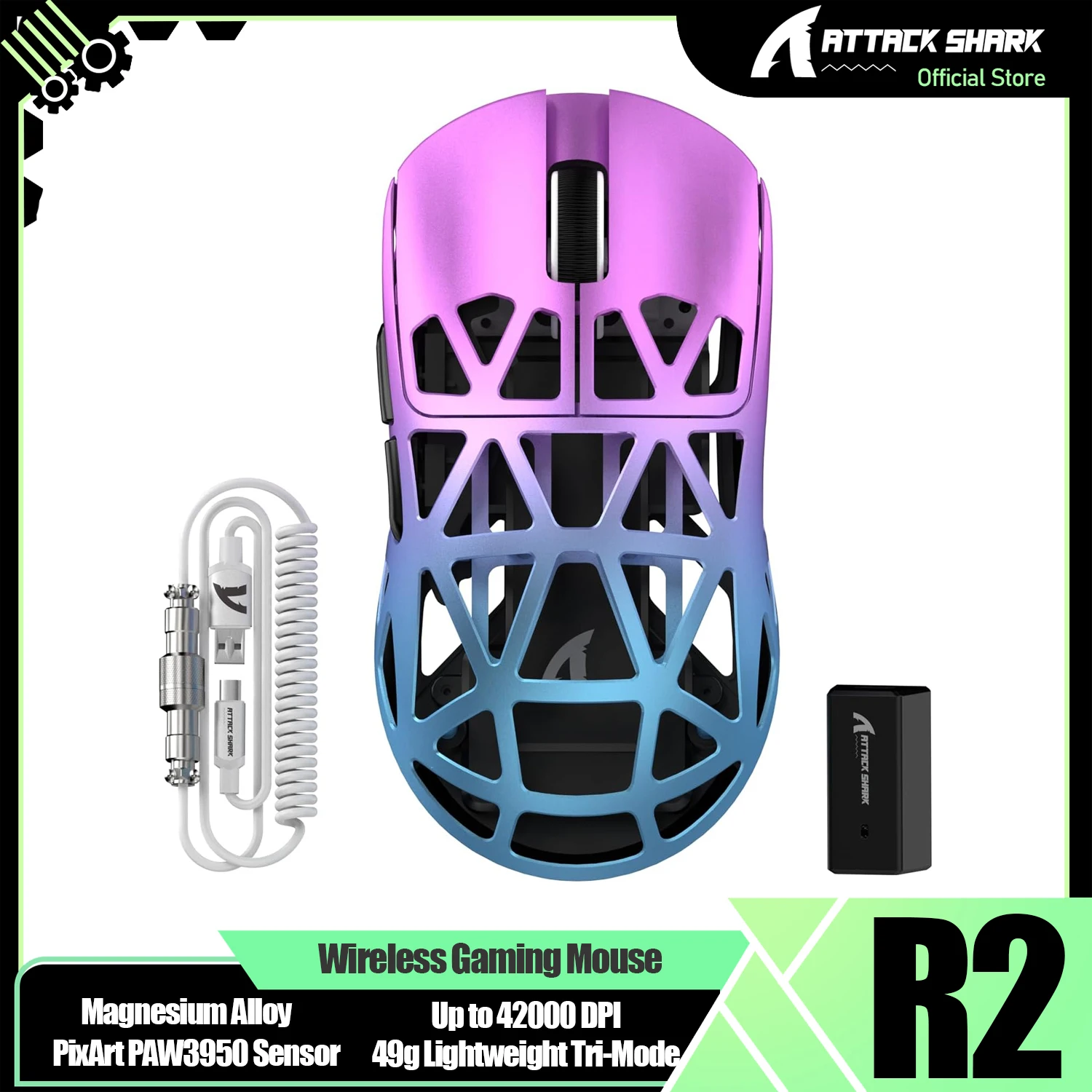 ATTACK SHARK R2PRO 45g SUPERLIGHT Magnesium Alloy Mouse, PixArt PAW3950 Sensor, 42000DPI, 8000Hz Wireless Polling Rate