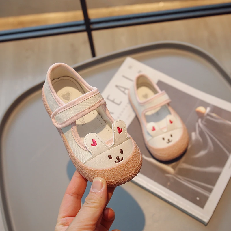 Korean Children Shoes Embroidery Kids Fashion Bunny Ear Canvas Shoes 2023 Spring and Summer New Casual Hook & Loop Shallow Flats