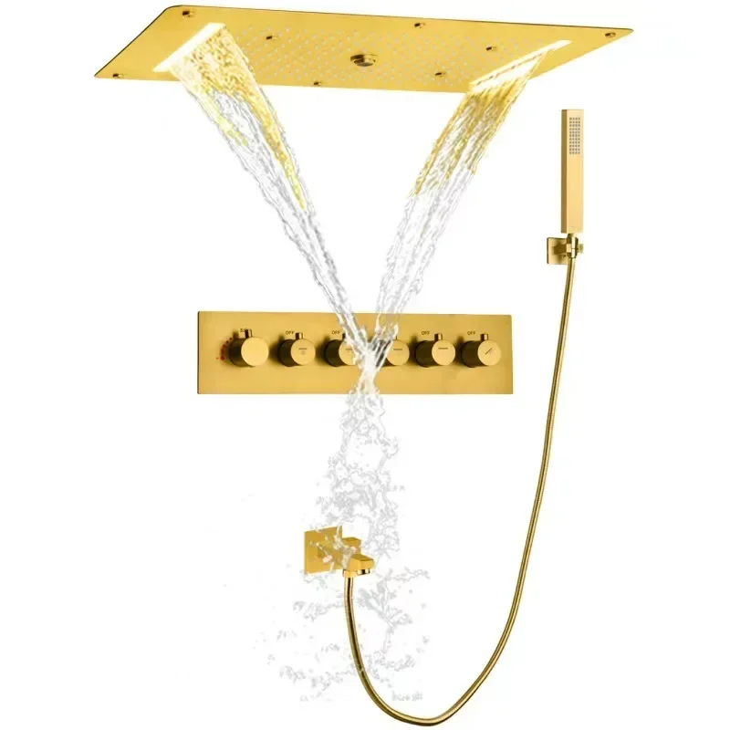 

Ceiling Mounted 380*700mm Thermostatic Rose Gold Shower Set LED Multi-Functional Rain Shower System Brushed Gold Shower Faucets