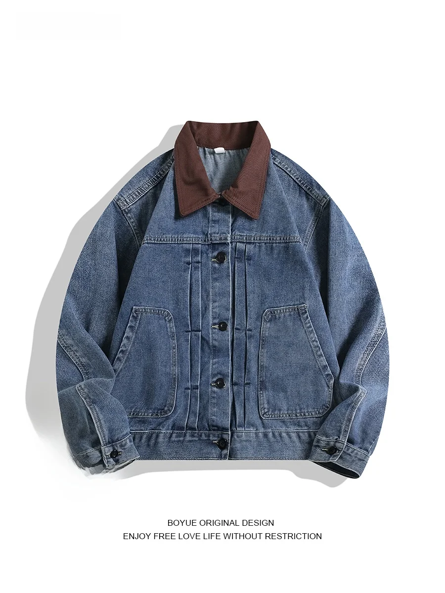 

Boyue American Retro ort Denim Jaet ex Heavy Embroidery Color Blo Повседневное длинное пальто из смеси хлопка