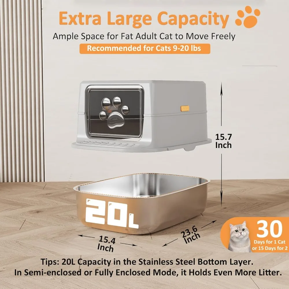 Stainless Steel Enclosed Cat Litter Boxes for Cats, Carbon Filters, with Removable Lid &Scoop, Anti-Urine, Cat Litter Box