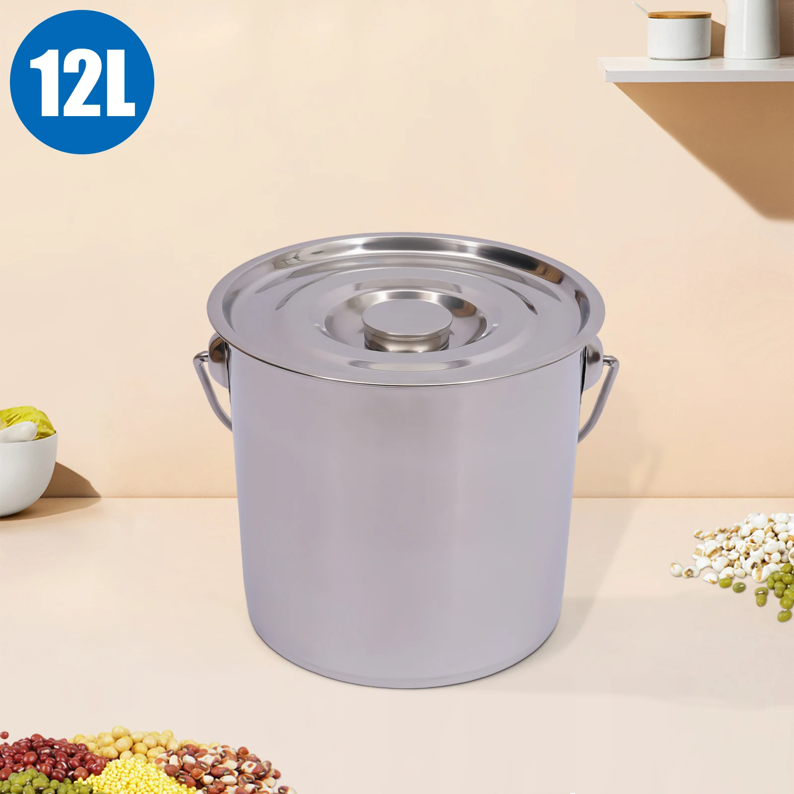 12L Stainless Steel Kitchen Bucket with Lid Dairy Pail Bucket Milk Multi-purpose Barrel Cooler Storage Container