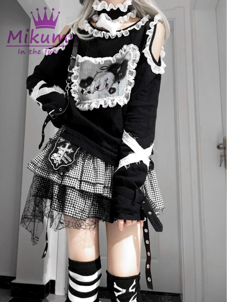 Mikumn Harajuku Girls Kawaii Punk Mini Skirts Y2k Gothic Lolita Black White Plaid Lace Cake Skirts Women A-line Rock Short Skirt