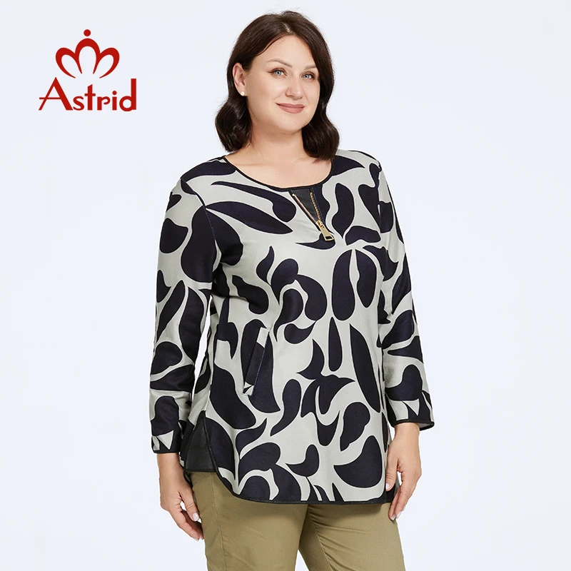 Astrid Women's t-shirt 2023 Fleece Top Female Plus Size Long Sleeve Pocket Vintage Fashion Drop Print Basic Clothing Female Tees