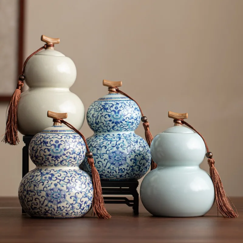 Creative Gourd-Shaped Blue and White Porcelain Tea Jar Modern Large-Capacity Sealed Moisture-Proof Jar Nuts Food Storage Home