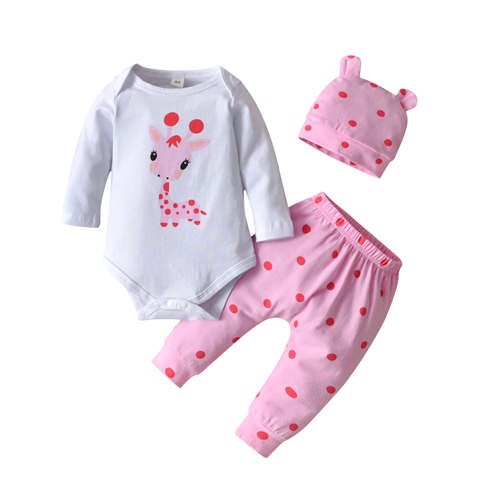 Newborn Baby Girl Long Sleeve Romper 3PCS Clothes Set Cute Cartoon Printing Infant Girls Bodysuit Top and Pants Hat Outfit