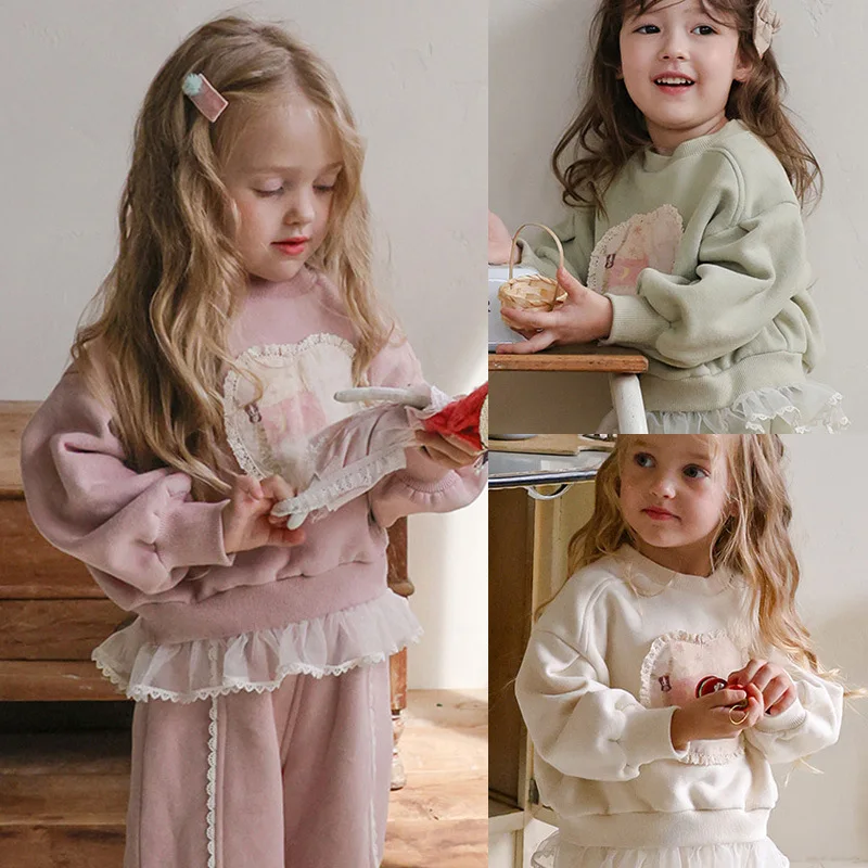 

Winter Kids Girl Pacthed Sweatshirt Children Girl Fleece Lace Hem Pullovers Outfit Plush Velvet Infant Babys Girl Sweatpant Suit