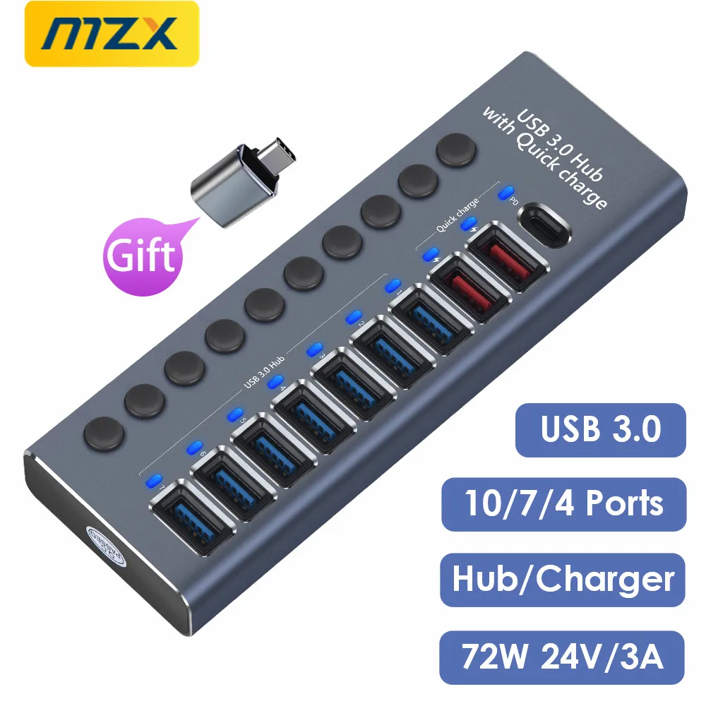 MZX 10 7 4 Ports USB Hub 3.0 Aluminum Multi Splitter Concentrator A PD Charger Power Adapter Multiple Expander Hubs With Switch