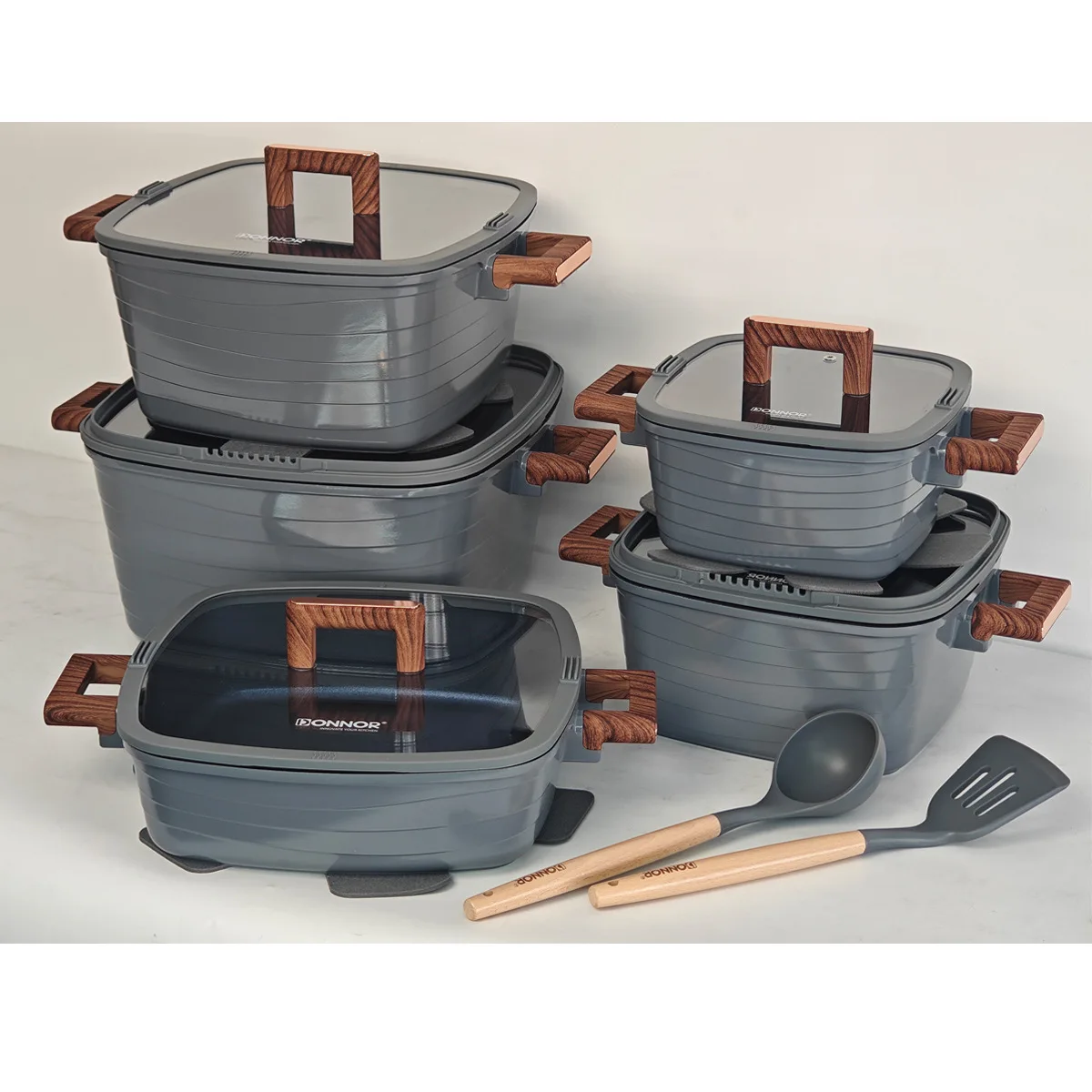 

15-Piece Healthy Durable Eco-Friendly Cookware Set Induction Ready Oven Safe Glass/Silicone Covers Square Design for Non-Stick