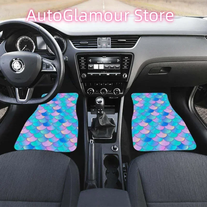 Pink Teal Mermaid Scales Pattern Print Front and Back Car Floor Mats Heavy Carpet Front and Rear Full Set 4PCs Pack