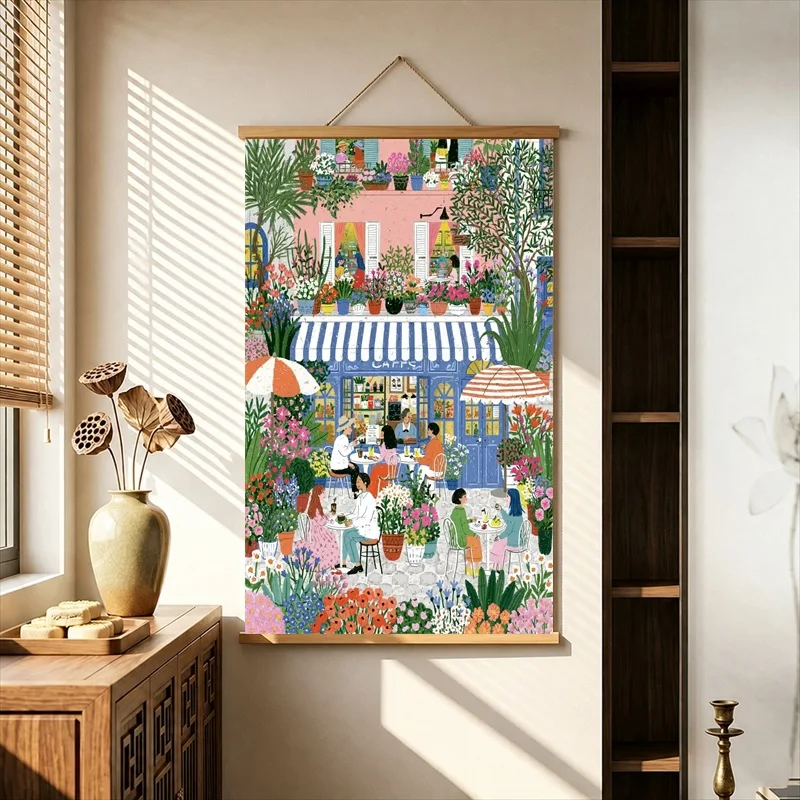 Room Decorations Bustling Flower Market Cafe, Colorful Storybook Pearlescent Canvas Wall Hanging Scroll for Dessert Cafe Decor