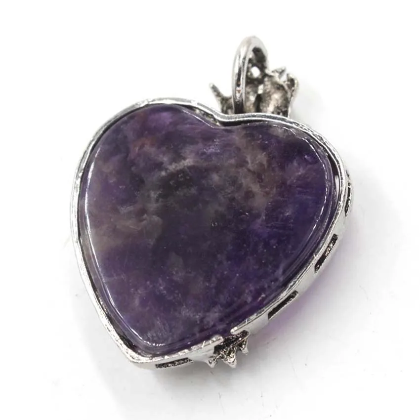 Vintage Animal Dragon Man Necklace Natural Stone Purple Crystal Heart Pendant for Women Amethysts Rose Pink Quartz Jewelry Gift