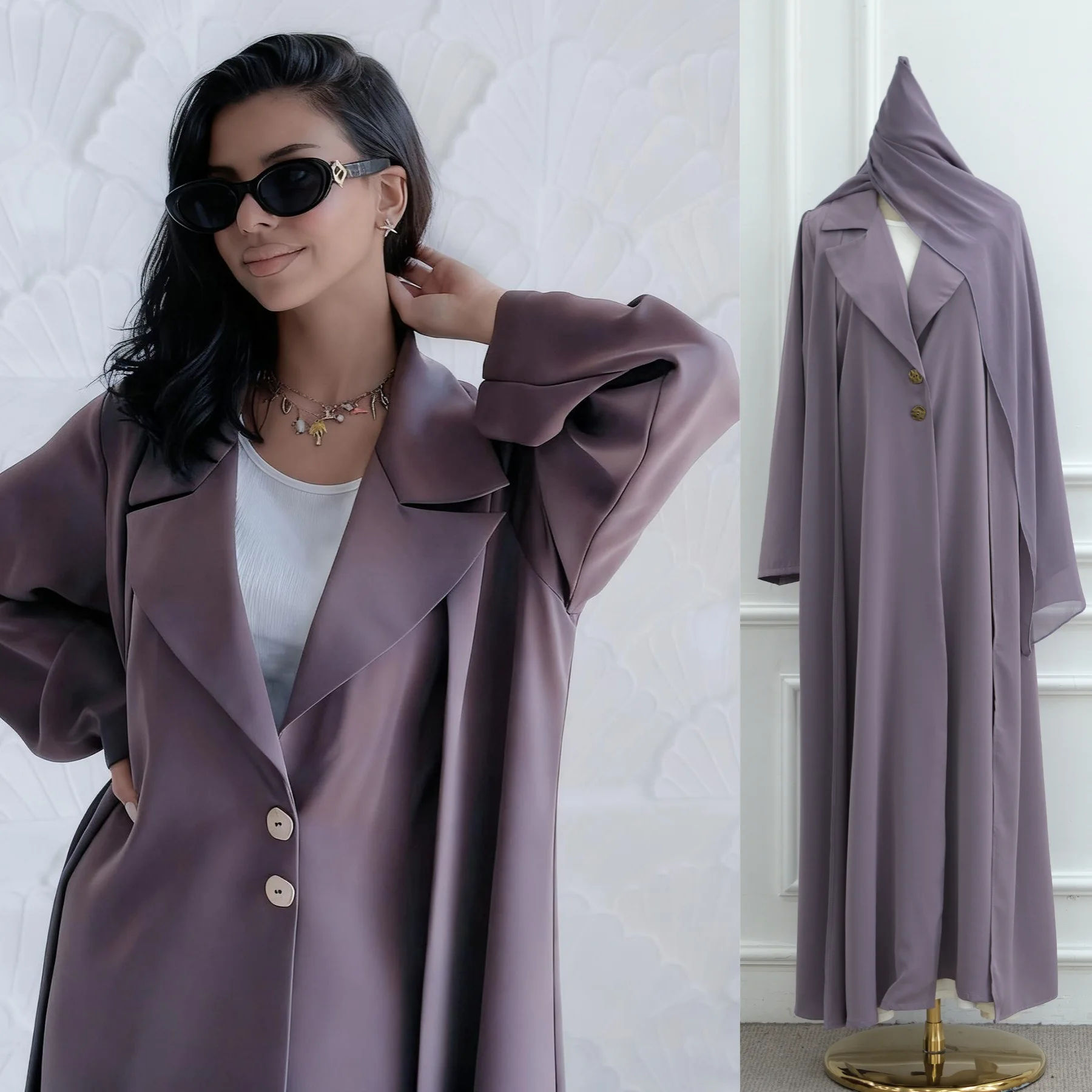 

2026 Muslim Abaya Spring Polyester Trendy Purple Open Front Dubai Style Elegant Loose Fit Modest Islamic Wear