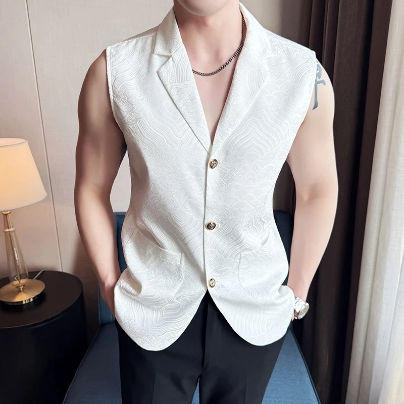 

Men's Vest Blazer High Quality Elegant Print Summer Vests Jackets For Men Clothing 2025 Fashion Ice Silk Sleeveless Waistcoat
