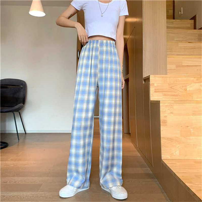 

New Summer Ice Silk Plaid Pants Women Straight Draped Loose Pants High Waist Light Plaid Wide Leg Pants Girls Pants Pajama Pants