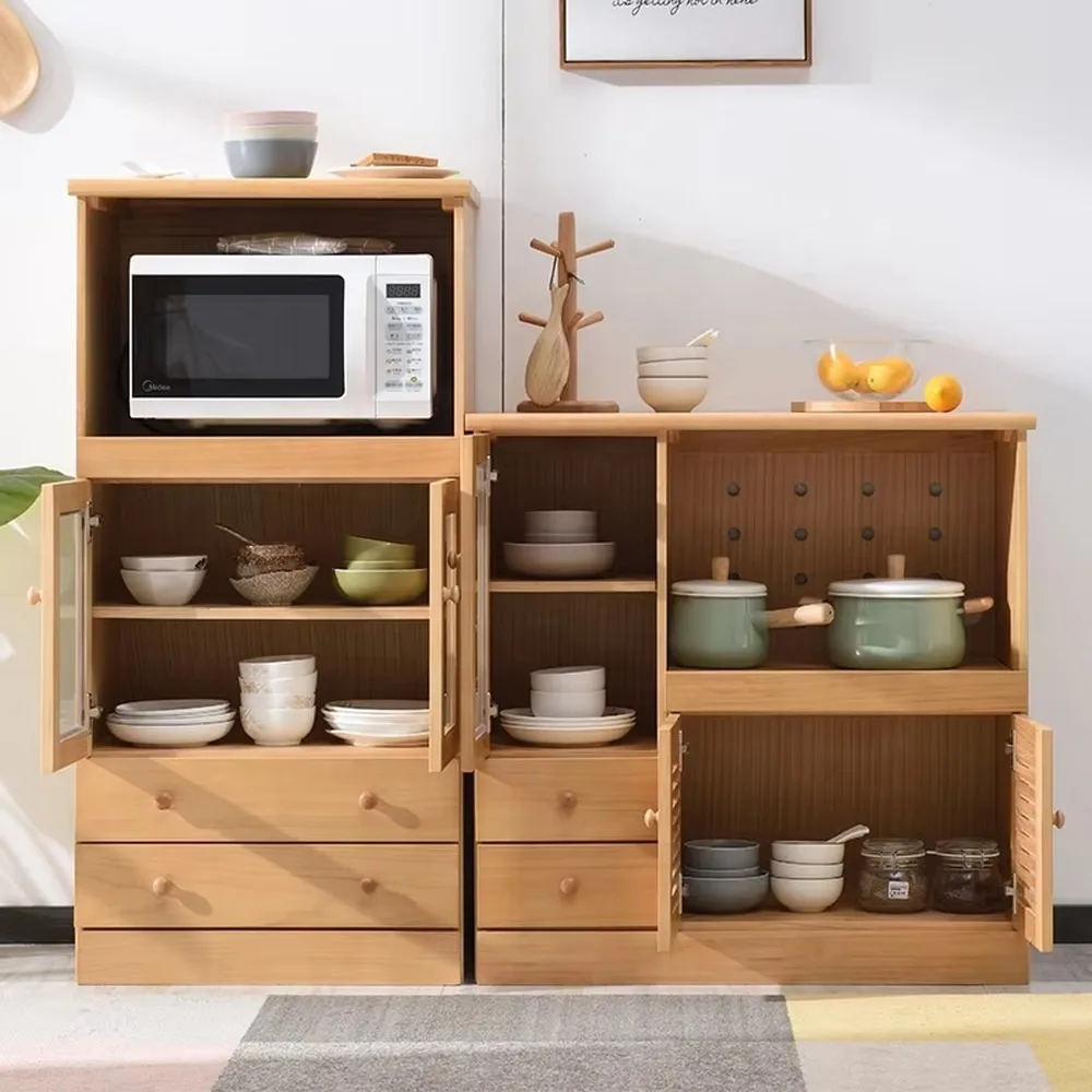 Solid Wood Kitchen Cabinet with Microwave Oven Shelf Storage Drawers Multifunctional Kitchen Organizer for Home