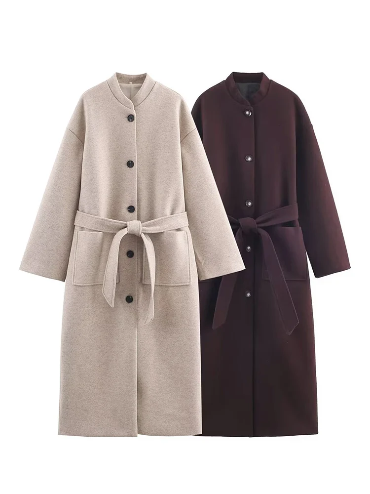 

New Women Woolen Coat With Belted Fashion Large Pocket Single Breasted Loose Long Coat Winter Thickened Casual Outerwear