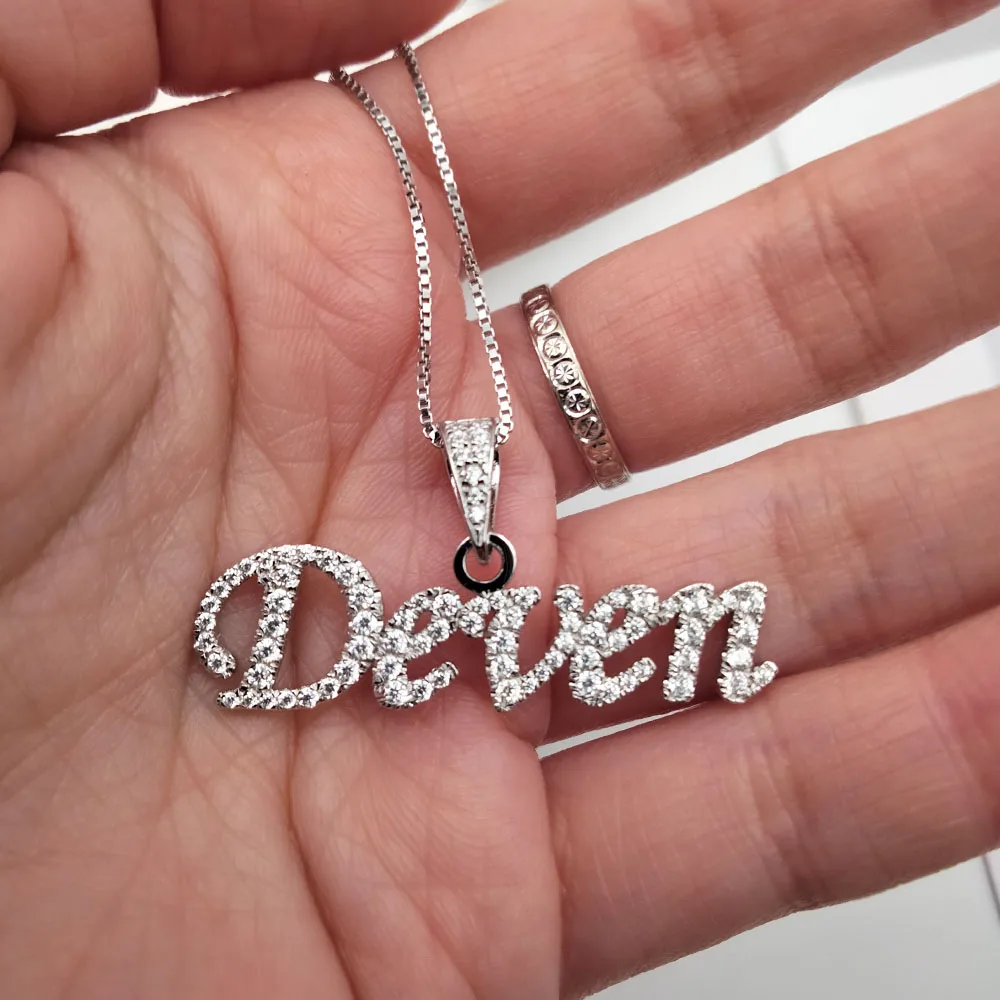 

Custom S925 Bling Full Zircon Nameplate Necklace Crystal White Gold Plated Name Letter Pendent Jewelry for Women Gifts