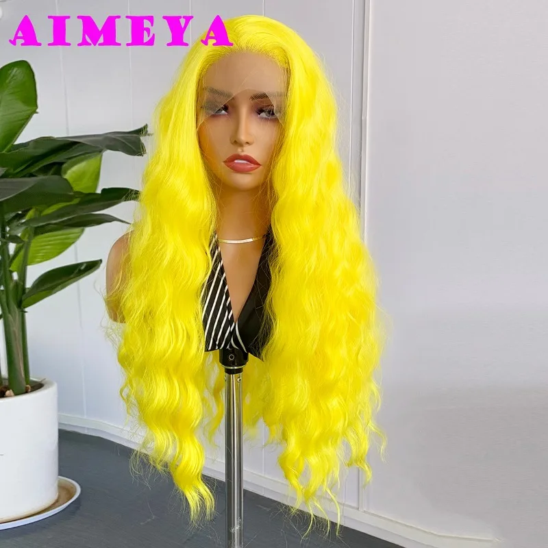 AIMEYA Yellow Lace Front Wig Long Deep Wave Synthetic Hair Heat Resistant Natural Hairline Lemon Yellow Wig Daily Wear Cosplay