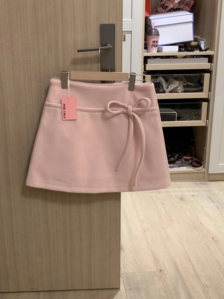 

Sweet Bow Lace Up Pink Woolen Skirt for Women Summer Slim Waist Bodycon A-line Skirts 2025 New Simple Faldas Sexy Mujer