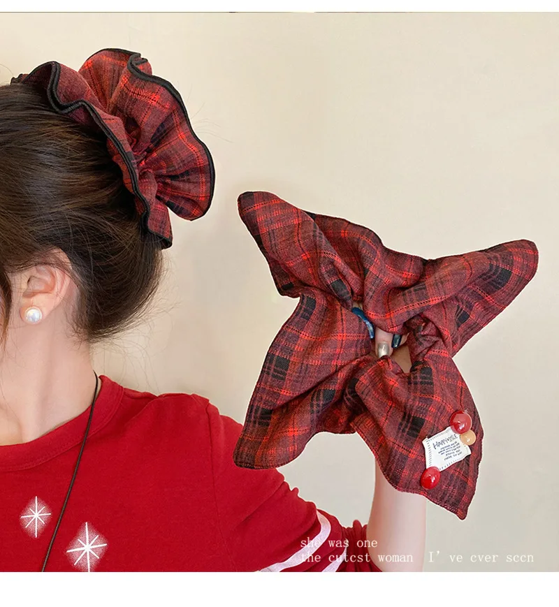 Quadratisches Handtuch Dickdarm-Haarband, kariert, rot, Damen-Kugelkopf, niedriger Pferdeschwanz, quadratisches Stirnband, Kopfschmuck, Haar-Accessoires – Detail 1