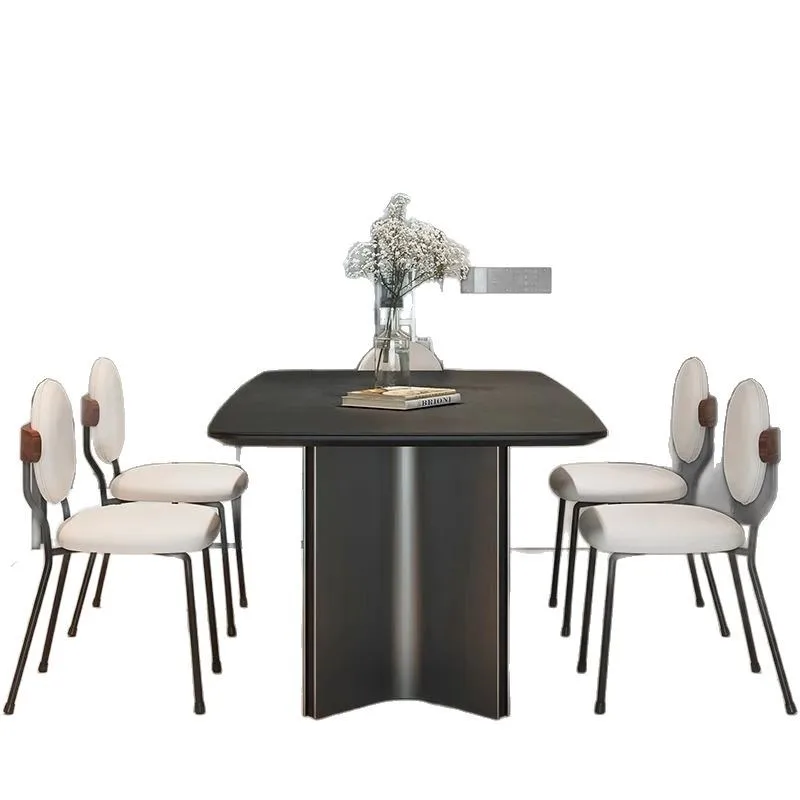 Mesa de jantar e cadeira de laje de rocha combinação italiana suporte completo placa de base de aço inoxidável moderno e minimalista casa luz luxo