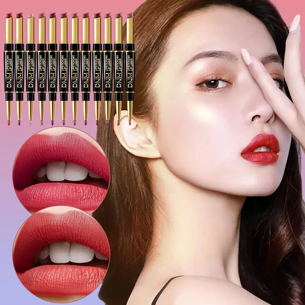 12 Color Double Headed Lip Makeup Lipstick Pencil Waterproof Red Long Beauty Lasting Sexy Pen Matte Lipstick Stick Tint Lip F7H3