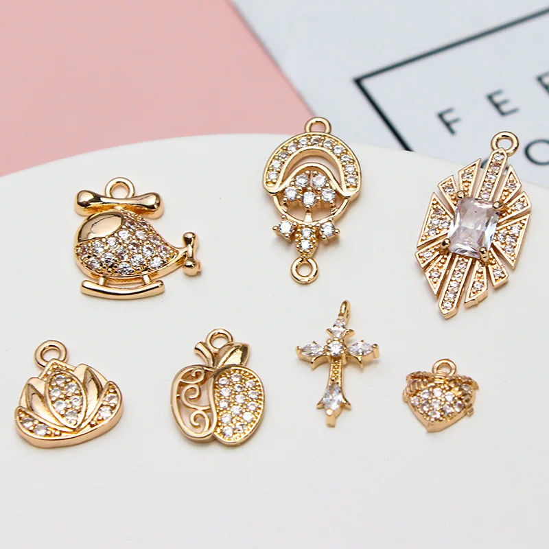 1pcs Diy Inlaid Zircon Copper Small Plane Love Rhinestones Cross Pendant Earrings Bracelet Jewelry Material Handmade Charms